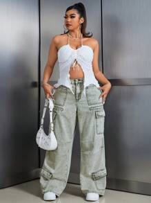 SHEIN ICON Plus Size Washed Wide-Leg Cargo Denim Boyfriend Jeans - Green - View 4