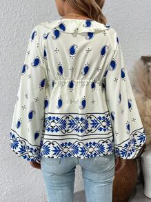 SHEIN Clasi Blusa con manga larga, estampado floral, volantes y cordones delanteros, uso casual
