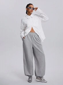 SHEIN EZwear 女士秋冬街头运动灰色慢跑翻边裤 - 淺灰色 - 查看 7