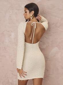 SHEIN X  Ignacia Antonia Zolique Vestido mini sexy de fiesta con espalda abierta para mujer, de manga larga, cuello redondo, unicolor, ajustado al Body, de otoño - Albaricoque - Ver 1