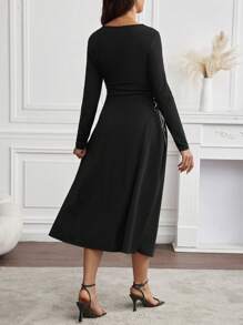 SHEIN Maternity Solid Color Square Neck Lace Up Elegant Long Sleeve Dress - Black - View 2