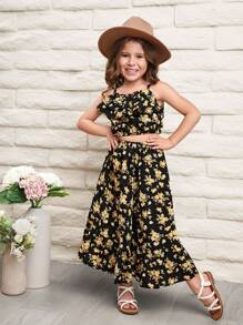 SHEIN Chica Joven Top De Tirantes Con Estampado Floral & Falda Con Dobladillo Con Volantes