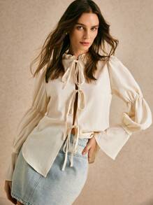 Poéselle Women's Cream White Frill Trim Front Tie Long Sleeve Casual Blouse,Elegant Autumn Dates Cottagecore Boho Bell Sleeve Top,Fall Winter Clothes FW24 - Apricot - View 2