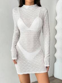 SHEIN Unity Enges Kleid mit hohem Kragen und Spitze, figurbetonendes Etuikleid mit Rüschensaum für den Büroalltag - Weiss - Übersicht 6