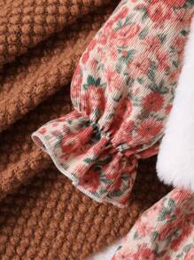 2 件装女婴灯芯绒彼得潘领背心和珍珠纽扣喇叭长袖灯芯绒碎花隐形拉链连衣裙可爱优雅服装，秋冬春季 - 彩色 - 查看 5