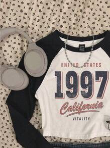 Attitoon 休闲复古 1997 印花黑白拼色短款修身圆领插肩袖长袖套头 T 恤女款，春秋季 - 黑與白 - 查看 3