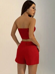 FavEase Women's Slim-Fit Single-Breasted Camisole Top + Suit Shorts Casual 2pcs Set, Summer For New Year Clothes - Red - View 2