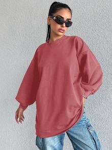 SHEIN Cottnline Women's Solid Color Drop Shoulder Sweatshirt - Rusty Rose - View 3