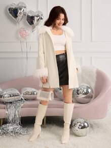 优雅奢华少女蓬松针织 A 字长袖中长外套，秋冬，圣诞节 - 米色 - 查看 3