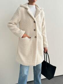 SHEIN Tall Women's Teddy Fabric Midi Length Lapel Neck Coat - Beige - View 3