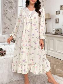 CottageSlumber 加大码印花蕾丝边V领开襟睡裙，Moo Moo品牌，舒适优雅细节，秋冬款 - 杏色 - 查看 1