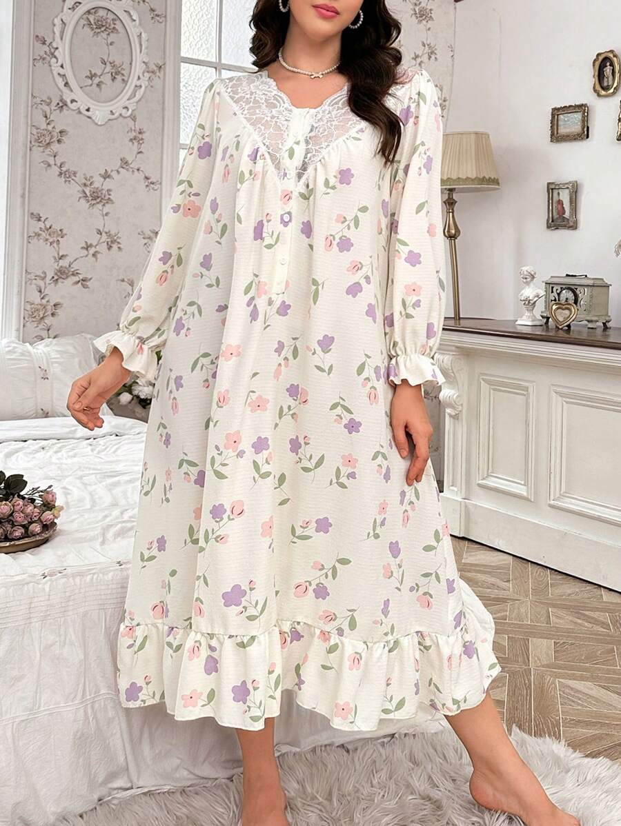 CottageSlumber 加大码印花蕾丝边V领开襟睡裙，Moo Moo品牌，舒适优雅细节，秋冬款 - 杏色 - 查看 1