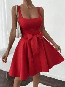 SHEIN Inside Breast Padded, V-Shape Skirt, Belted Stylish Sexy Part Dress