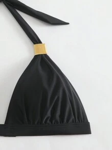 Women's Halter Neck Backless Hollow Out Top & Ruched Fitted Bottoms Swimwear Set Summer - Black - View 4