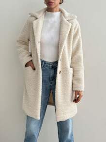 SHEIN Tall Women's Teddy Fabric Midi Length Lapel Neck Coat - Beige - View 4