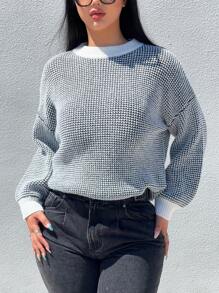 Flirla Plus Size Fashionable Design Loose Fit Long Sleeve Casual Colorblock Pullover Sweater Knit Pullover Fall Winter - Black and White - View 3