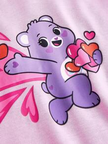 SHEIN X Care Bears Designer Tween Girl Casual Cute Bear & Heart Print Dropped Shoulder Oversize Ruffle Hem Hooded Dress