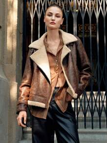 SHEIN x Carly Lawrence Anewsta 棕色复古做旧美式蓬松机车夹克，适合秋冬季 - 棕色 - 查看 3