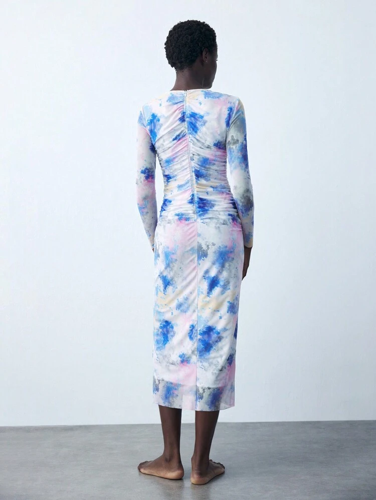 SHEIN Maija Women's Autumn Knit Tie Dye Printed Round Neck Long Sleeve Pleated Elegant Dress