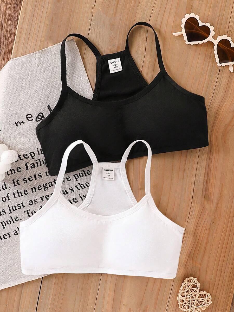SHEIN 2pcs Tween Girls Minimalist Casual Racer Back Sports Bra With Removable Pads