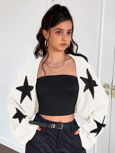 SHEIN Teen Girls mörkgrå stjärnmönster stickad sjalkrage väst täcka upp