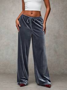 SHEIN BAE Women's Simple Front Tie Straight Leg Casual Pants - Grey - View 6