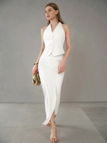 MOTF PREMIUM STEREO FLOWER DETAIL SPLIT THIGH LONG SKIRT - White - View 6