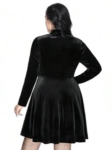 ROMWE Goth Dark Lace Trim Velvet Plus Size Women Gothic Collared A-Line Waist Dress - Black - View 5