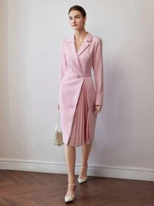 MOTF PREMIUM MIDIKLEID MIT REVERSKRAGEN, PLISSIERTEM EINSATZ, SCHNALLE UND GÜRTEL