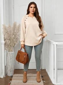 SHEIN LUNE 加大码纽扣细节插肩袖运动衫，适合日常穿着，适合秋冬季旅行装，机场感恩节装，休闲日常装，必备节日装