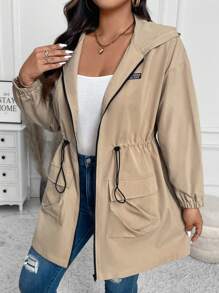 SHEIN LUNE Plus Size Women's Solid Color Drop Shoulder Long Sleeve Drawstring Waist Hooded Casual Jacket, Spring Autumn Winter Fall - Khaki - View 5