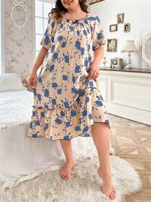 CottageSlumber Camisón de mujer talla grande con estampado floral arrugado, volantes y manga corta holgada, para vacaciones