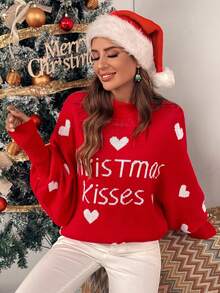 Chiquease Áo len dệt kim dáng rộng, vai rớt, họa tiết trái tim và chữ cái, thích hợp cho mùa Thu/Đông. - Đỏ - Xem 5