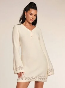Glamine Women's Solid Color V-Neck Lace Patchwork Long Sleeve Sweater Dress - Beige - View 3