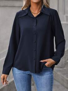 Vionelle Camisa informal con botones de talla grande, blusa sencilla de manga larga - Azul Marino - Ver 3