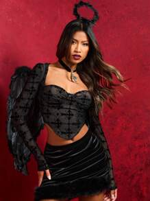 SHEIN SXY 交叉植绒网眼填充长袖圆领修身性感女装优雅休闲秋装 T 恤 - 黑色 - 查看 3