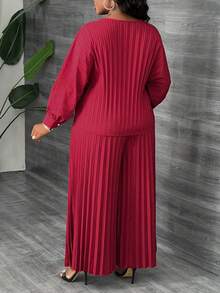 Slaydiva Ensemble 2 pièces vert casual et ample pour femmes grandes tailles avec col rond et manches plissées - C - Rouge foncé - Voir 2