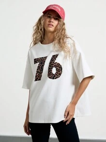 AiiRZ Oversized Leopard Graphic Detail Drop Shoulder Loose T-Shirt - White - View 1