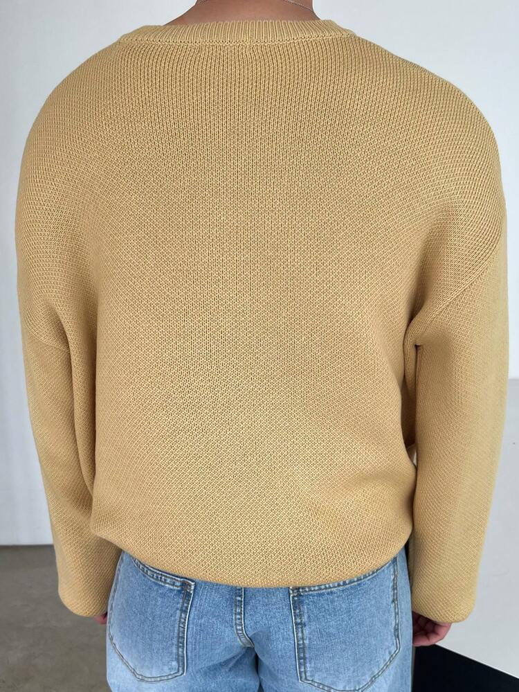 Men's Letter Print Round Neck Drop Shoulder Casual Knitted Sweater, Autumn