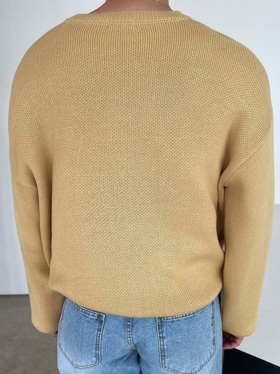 Men's Letter Print Round Neck Drop Shoulder Casual Knitted Sweater, Autumn