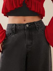 WESTFADE Jeans rectos de cintura media de algodón de mezclilla premium de los años 90 - Negro - Ver 7