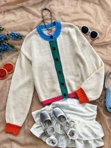 Soleia Women's Colorblock Cardigan Sweater For Vacation, Apricot Stitching,Thanksgiving Women Outfit,Fall&Winter Clothes,Halloween Women Costume,Christmas Women Clothes,City Break Outfits,Hippie Clothes,Going Out Top,Homecoming Clothes,Jersey Shirt