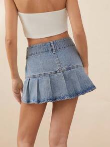 WESTFADE Premium Denim Low Waist Pleated 91% Cotton Mini Skirt - Light Wash - View 5