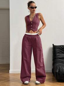 StreetHx 1 Set Women Striped Single Breasted Vest And Pocket Wide Leg Loose Casual Pants Suit