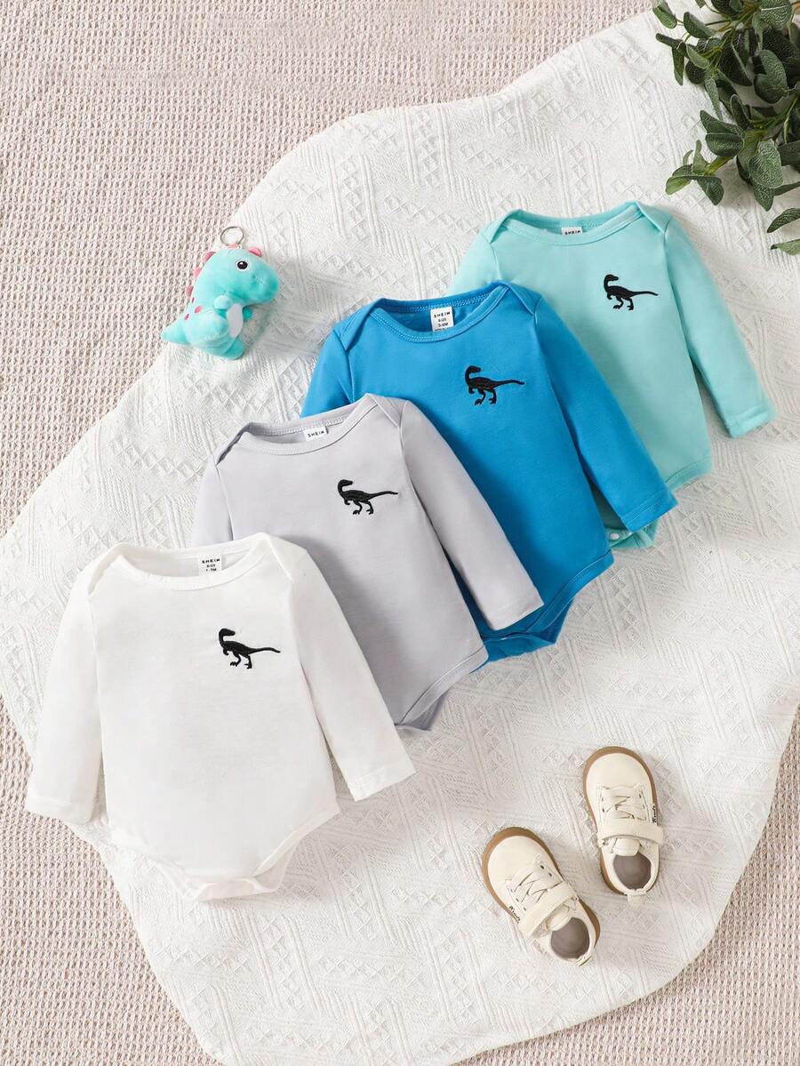 4件套新生男宝宝可爱恐龙印花舒适长袖连体衣套装，适合所有季节 - 彩色 - 查看 1