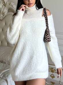 Flirla Plus Size Turtleneck Drop Shoulder Fluffy Sweater Knit Pullover Fall Winter - Beige - View 5