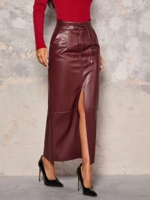 Chiquease Burgundy Women PU Faux Solid Color Leather Skirt With Slit Spring/Autumn Fall Cloth For Women - Green - View 4