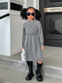 SHEIN 适合年轻女孩的纯色立领镶有宝石的针织毛衣裙 - 深灰色 - 查看 7