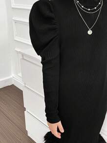 Robe de fête élégante pour jeunes filles avec col châle, manches gigot, panneaux tricotés et garniture moelleuse, pour Noël - Noir - Voir 7