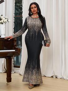SHEIN Lady Spring And SummerAutumn And Winter Elegant Black  Knitted Mermaid Long  Long Sleeve Plus Size Dresses